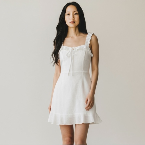 Lulus Ivory Ruffle Linen Mini Dress Small Bridal Shower Coquette - Picture 4 of 15